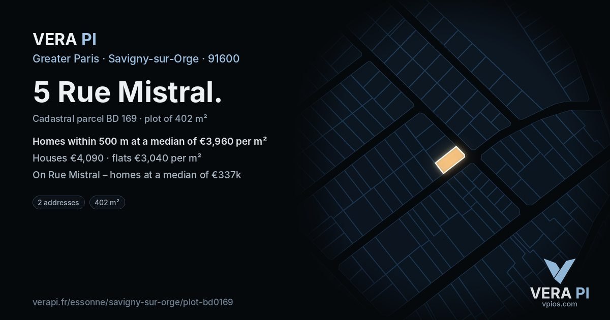 5 Rue Mistral, Savigny-sur-Orge at night – the plot lit, the parcels around coloured by the prices near them