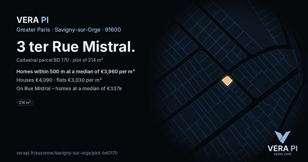 3 ter Rue Mistral, Savigny-sur-Orge at night – the plot lit, the parcels around coloured by the prices near them