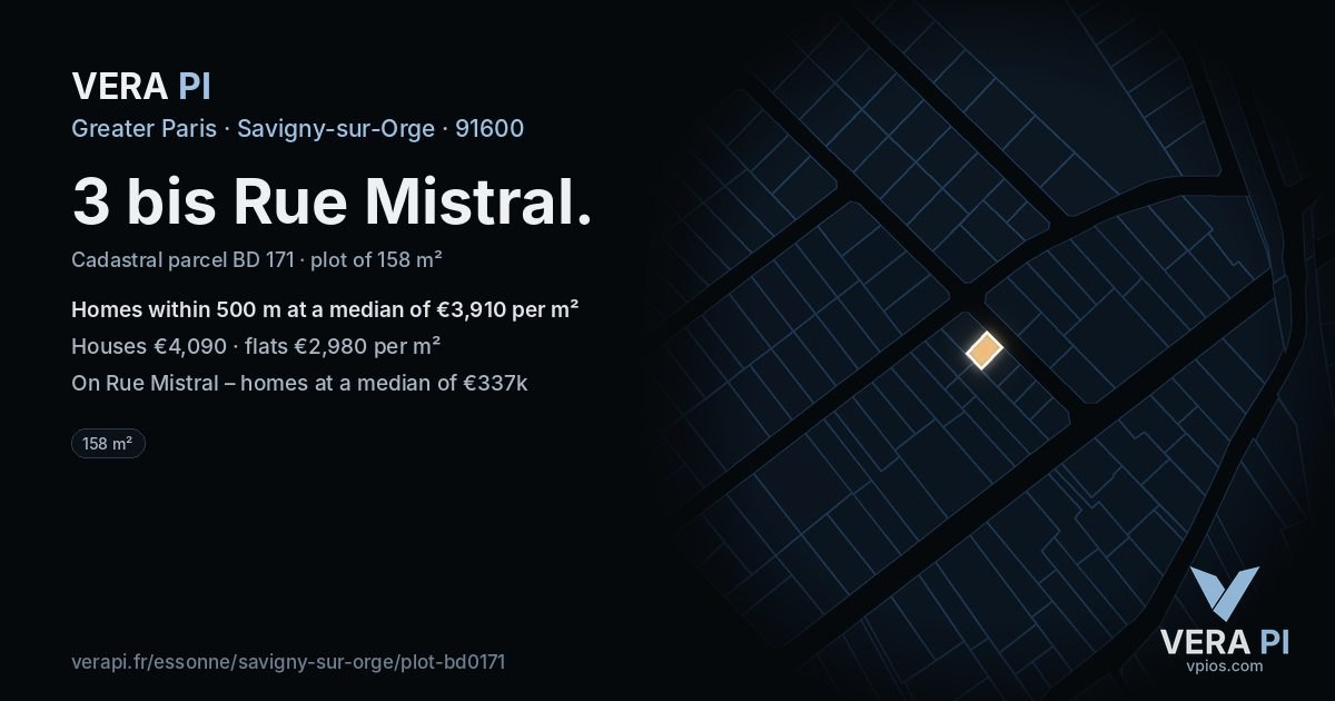 3 bis Rue Mistral, Savigny-sur-Orge at night – the plot lit, the parcels around coloured by the prices near them