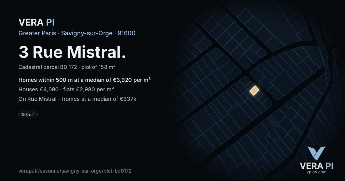 3 Rue Mistral, Savigny-sur-Orge at night – the plot lit, the parcels around coloured by the prices near them