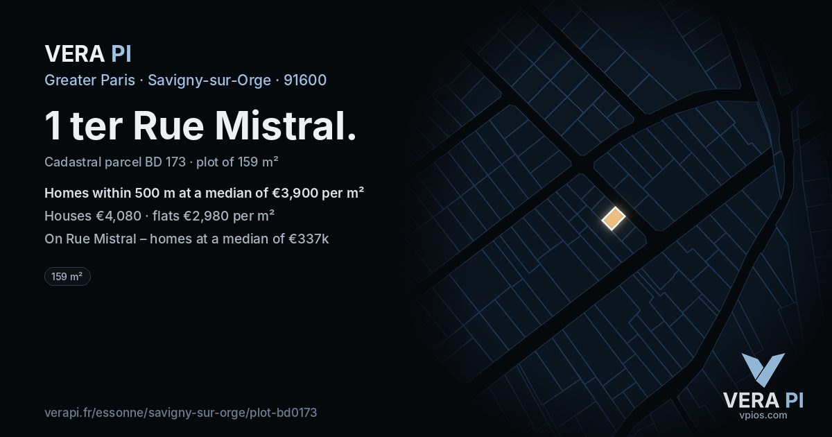 1 ter Rue Mistral, Savigny-sur-Orge at night – the plot lit, the parcels around coloured by the prices near them