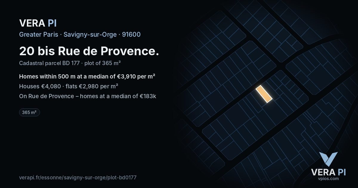 20 bis Rue de Provence, Savigny-sur-Orge at night – the plot lit, the parcels around coloured by the prices near them