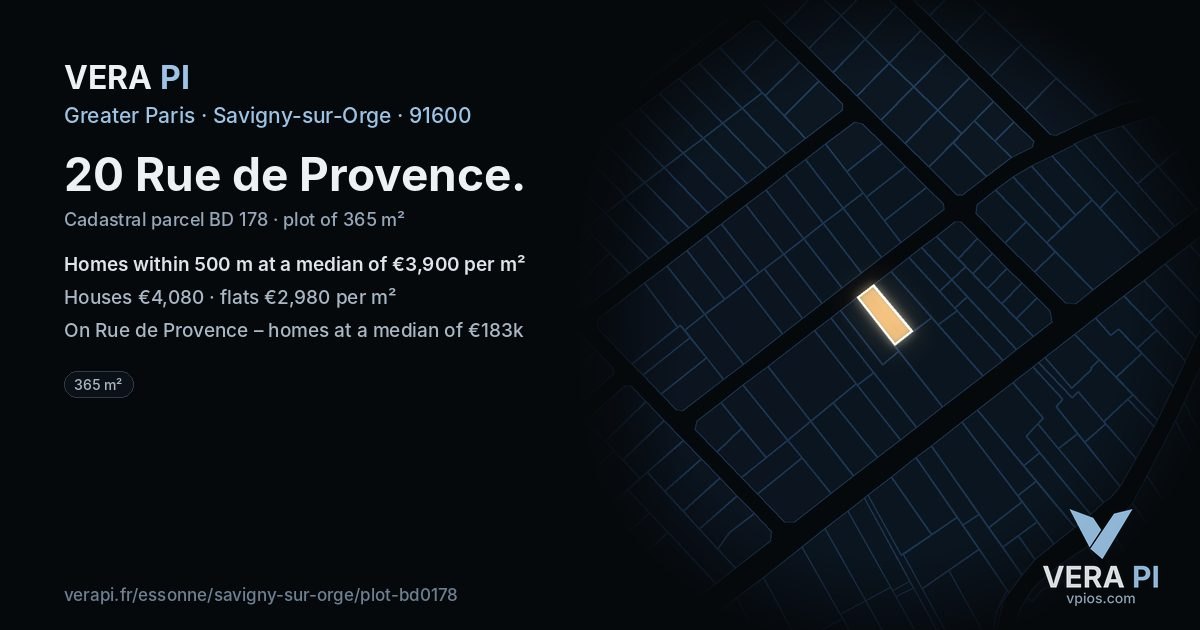20 Rue de Provence, Savigny-sur-Orge at night – the plot lit, the parcels around coloured by the prices near them