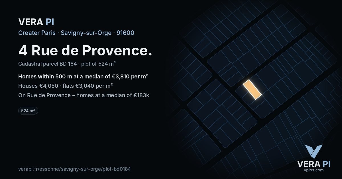 4 Rue de Provence, Savigny-sur-Orge at night – the plot lit, the parcels around coloured by the prices near them
