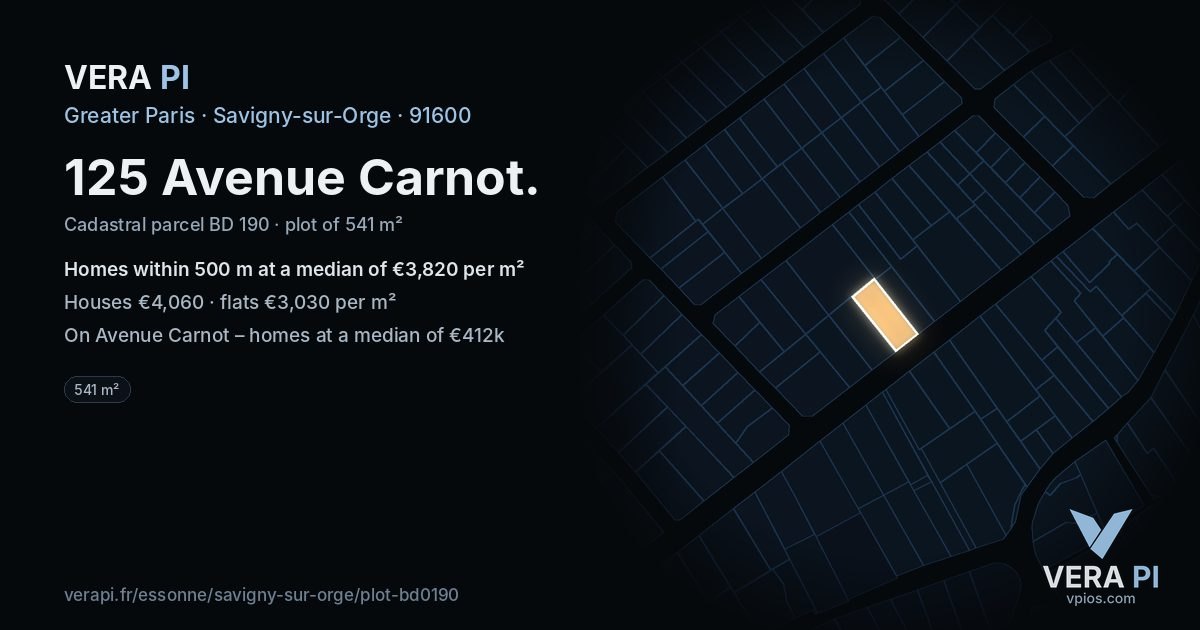 125 Avenue Carnot, Savigny-sur-Orge at night – the plot lit, the parcels around coloured by the prices near them
