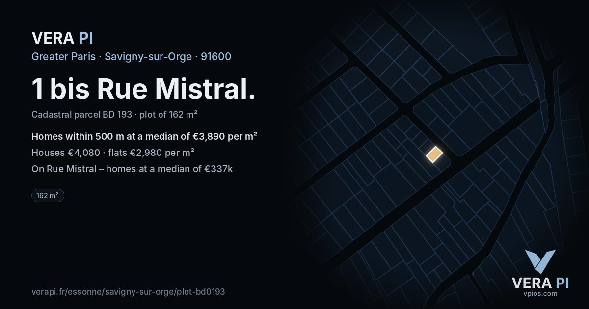 1 bis Rue Mistral, Savigny-sur-Orge at night – the plot lit, the parcels around coloured by the prices near them