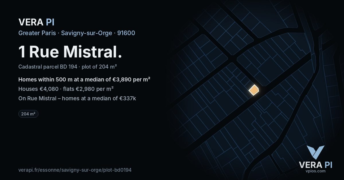 1 Rue Mistral, Savigny-sur-Orge at night – the plot lit, the parcels around coloured by the prices near them