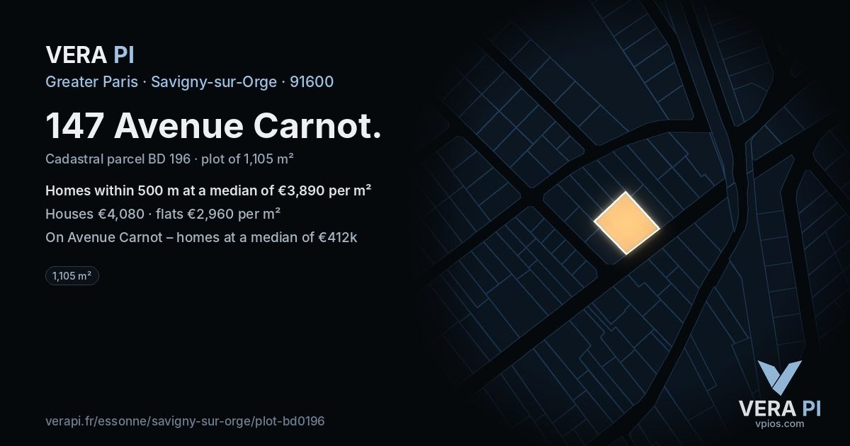 147 Avenue Carnot, Savigny-sur-Orge at night – the plot lit, the parcels around coloured by the prices near them