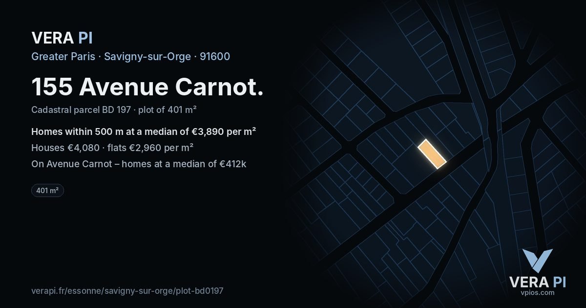 155 Avenue Carnot, Savigny-sur-Orge at night – the plot lit, the parcels around coloured by the prices near them