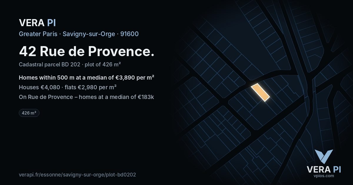 42 Rue de Provence, Savigny-sur-Orge at night – the plot lit, the parcels around coloured by the prices near them
