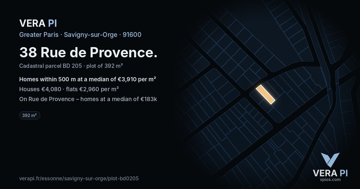 38 Rue de Provence, Savigny-sur-Orge at night – the plot lit, the parcels around coloured by the prices near them