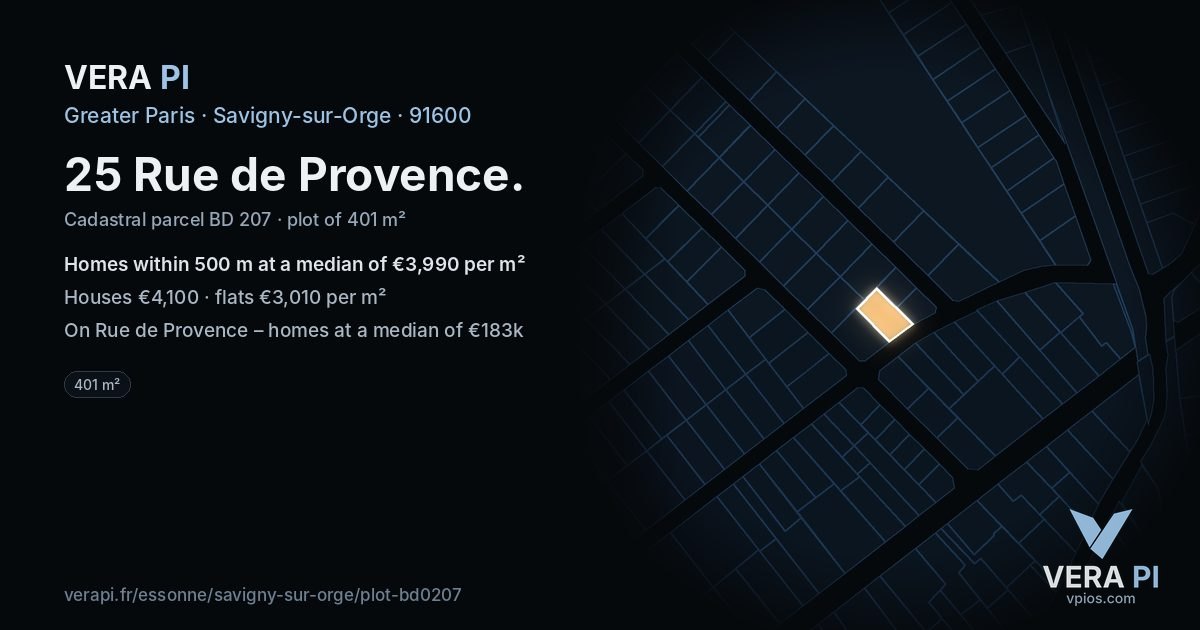 25 Rue de Provence, Savigny-sur-Orge at night – the plot lit, the parcels around coloured by the prices near them
