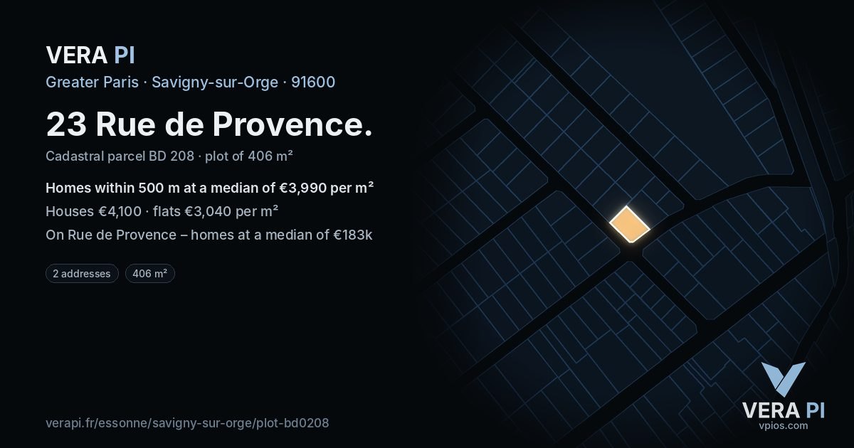 23 Rue de Provence, Savigny-sur-Orge at night – the plot lit, the parcels around coloured by the prices near them