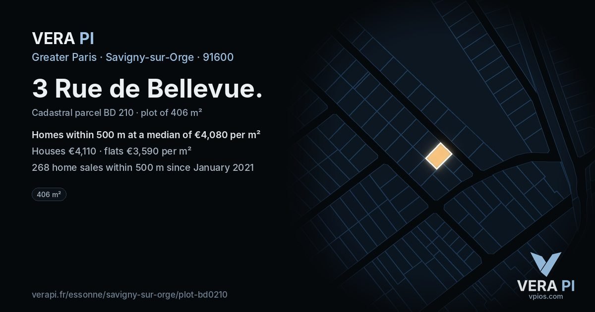 3 Rue de Bellevue, Savigny-sur-Orge at night – the plot lit, the parcels around coloured by the prices near them