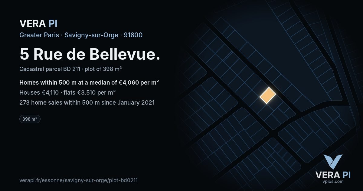 5 Rue de Bellevue, Savigny-sur-Orge at night – the plot lit, the parcels around coloured by the prices near them