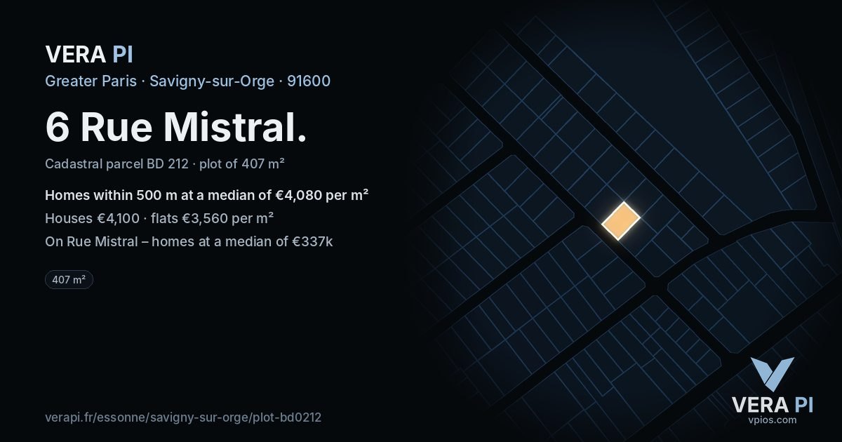 6 Rue Mistral, Savigny-sur-Orge at night – the plot lit, the parcels around coloured by the prices near them