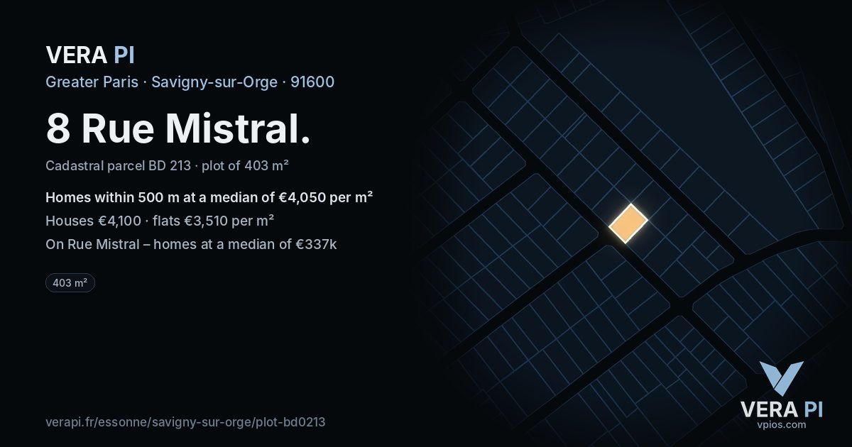 8 Rue Mistral, Savigny-sur-Orge at night – the plot lit, the parcels around coloured by the prices near them