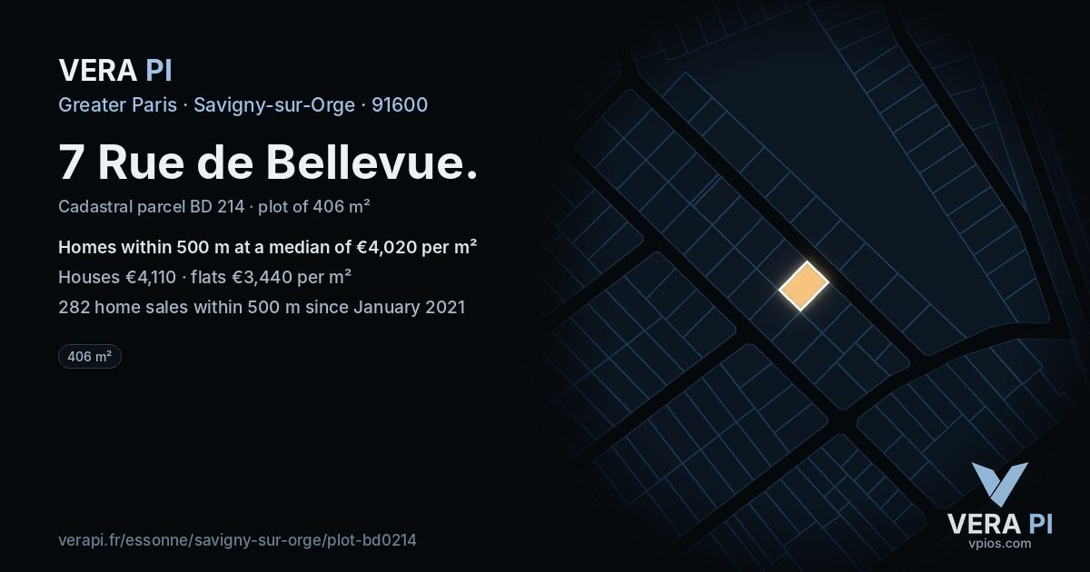 7 Rue de Bellevue, Savigny-sur-Orge at night – the plot lit, the parcels around coloured by the prices near them