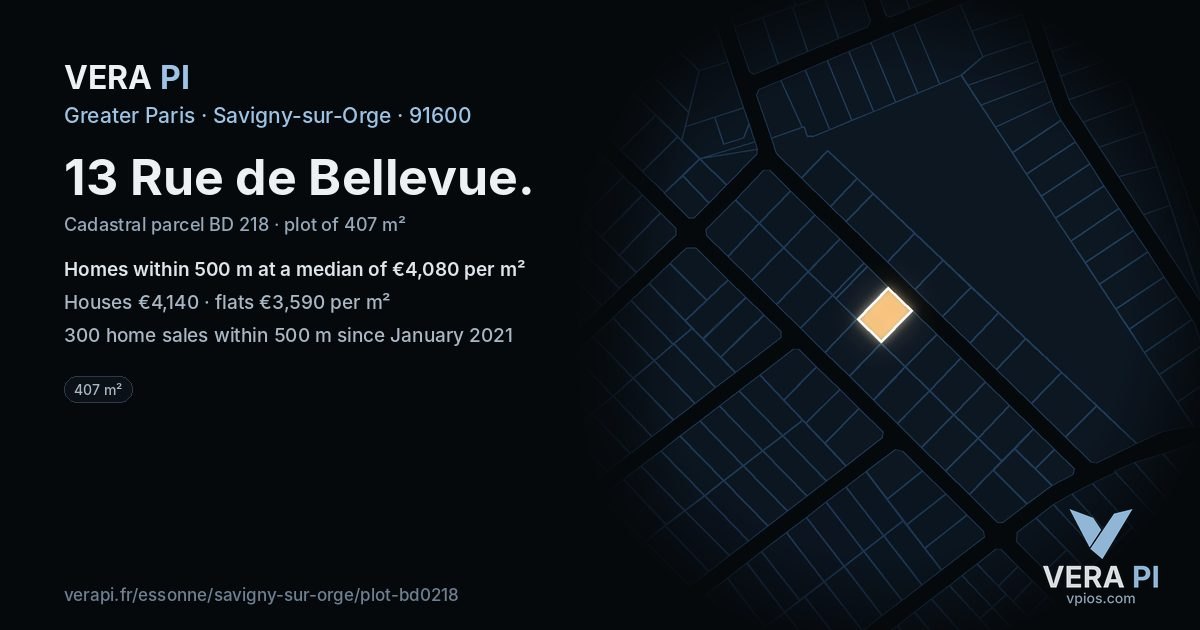 13 Rue de Bellevue, Savigny-sur-Orge at night – the plot lit, the parcels around coloured by the prices near them