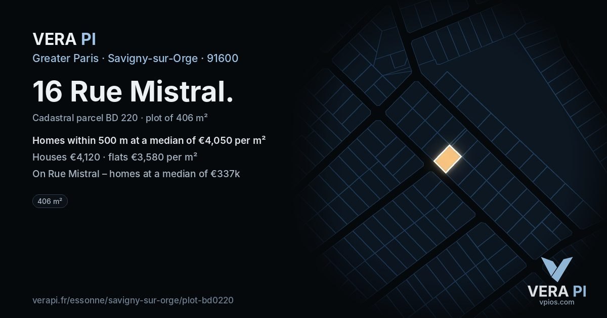 16 Rue Mistral, Savigny-sur-Orge at night – the plot lit, the parcels around coloured by the prices near them