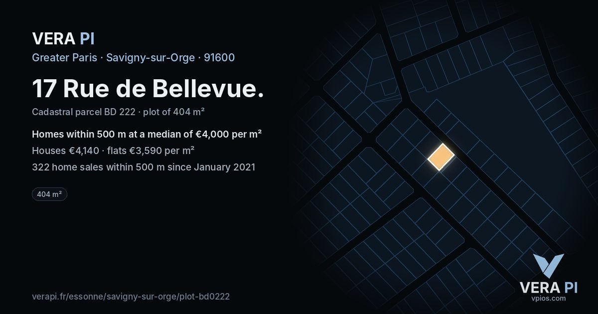17 Rue de Bellevue, Savigny-sur-Orge at night – the plot lit, the parcels around coloured by the prices near them