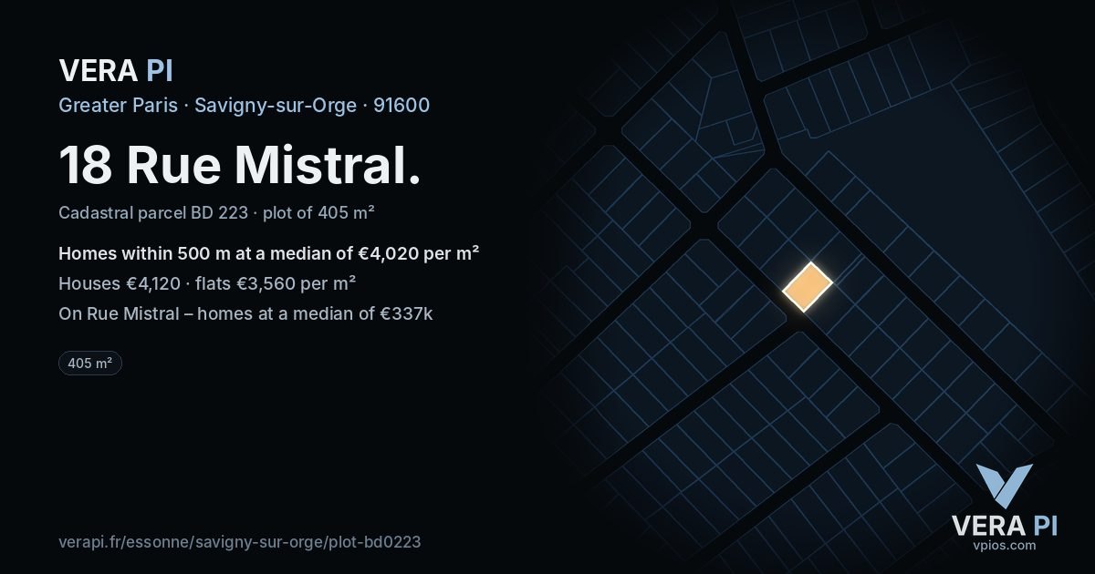 18 Rue Mistral, Savigny-sur-Orge at night – the plot lit, the parcels around coloured by the prices near them
