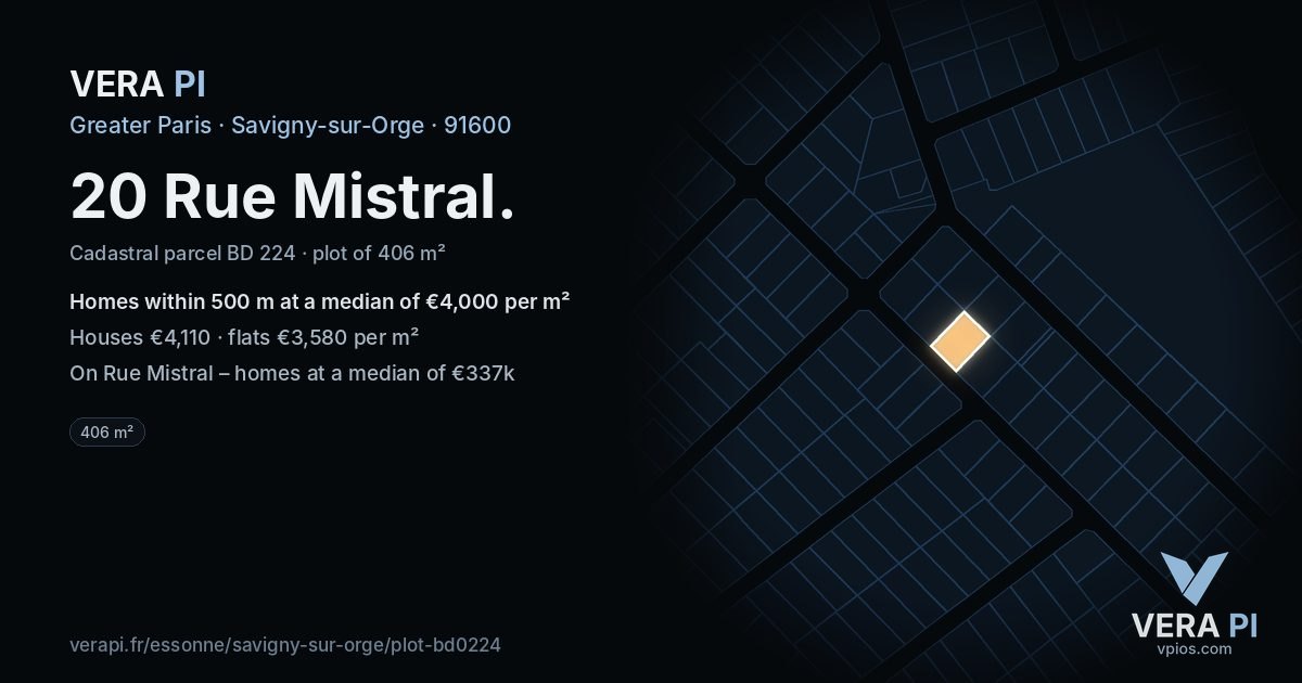 20 Rue Mistral, Savigny-sur-Orge at night – the plot lit, the parcels around coloured by the prices near them