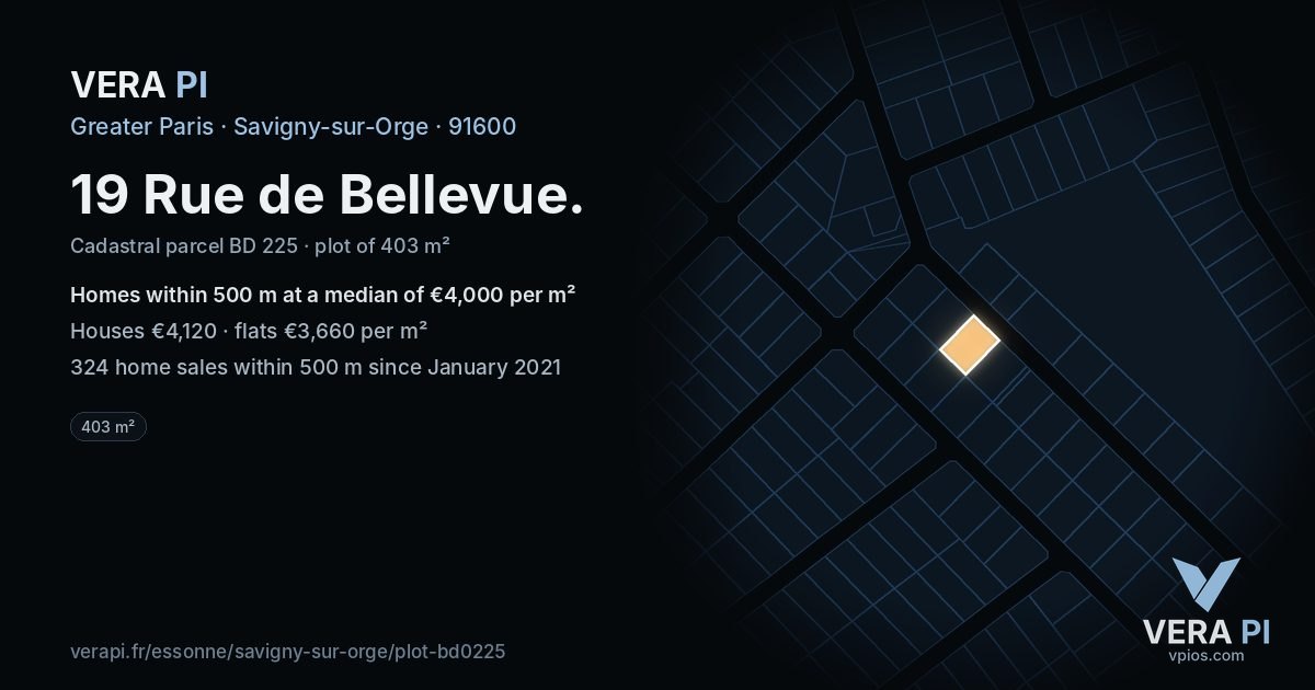 19 Rue de Bellevue, Savigny-sur-Orge at night – the plot lit, the parcels around coloured by the prices near them