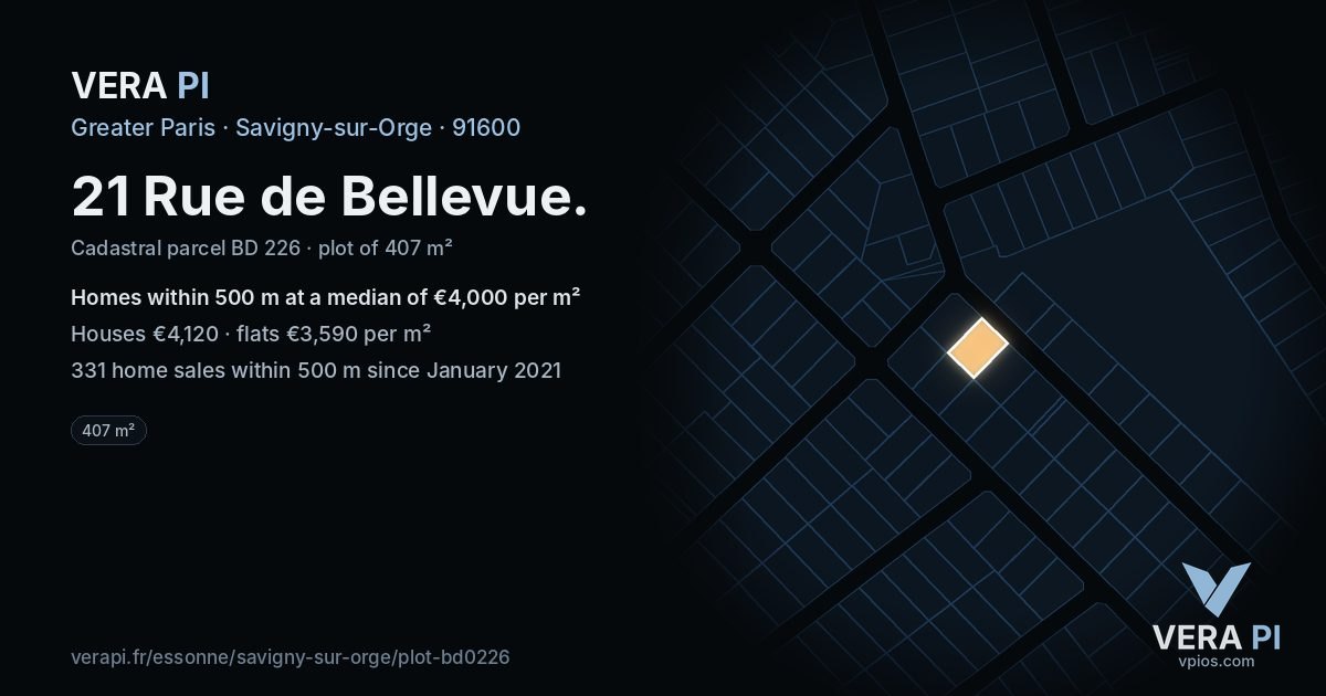 21 Rue de Bellevue, Savigny-sur-Orge at night – the plot lit, the parcels around coloured by the prices near them