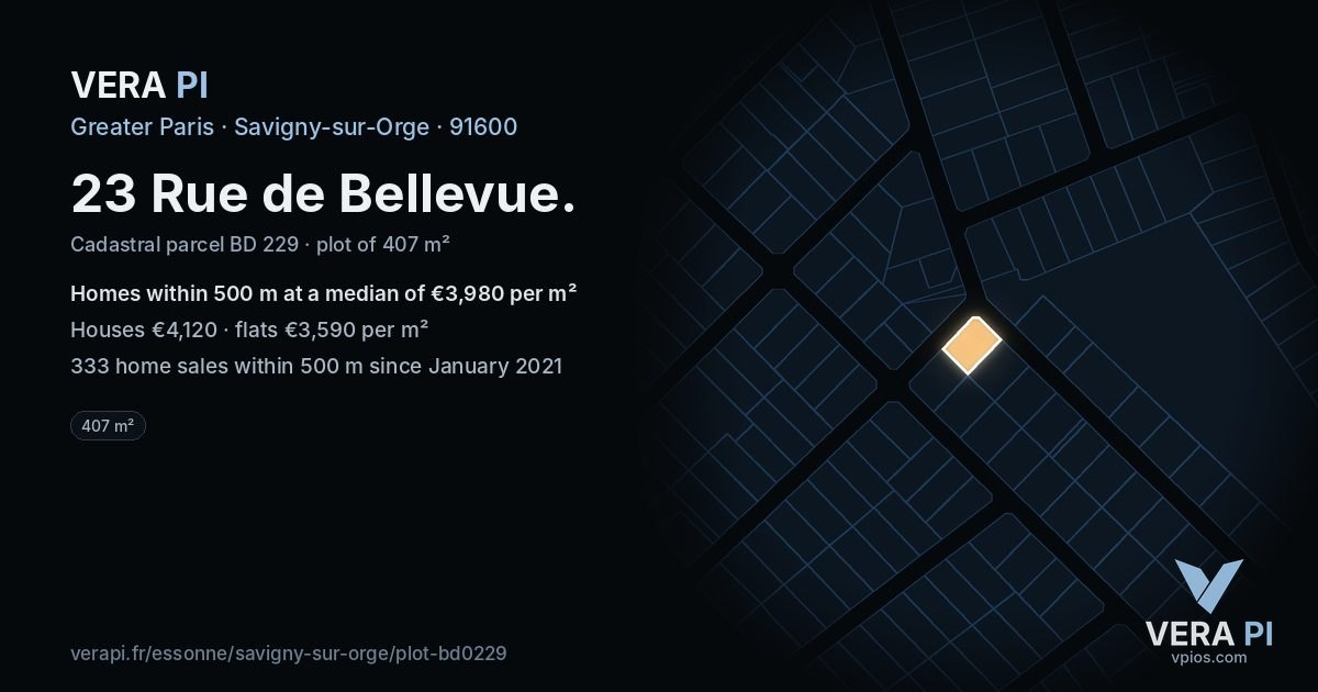 23 Rue de Bellevue, Savigny-sur-Orge at night – the plot lit, the parcels around coloured by the prices near them
