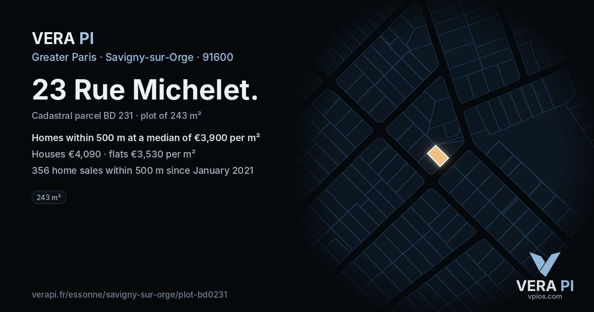 23 Rue Michelet, Savigny-sur-Orge at night – the plot lit, the parcels around coloured by the prices near them