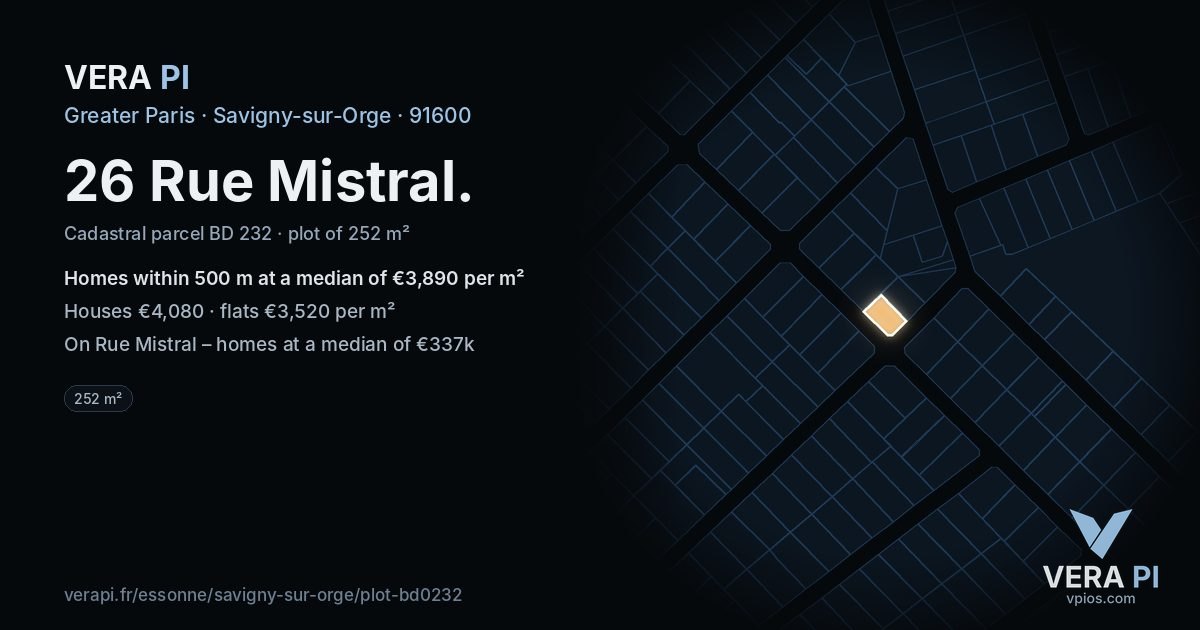 26 Rue Mistral, Savigny-sur-Orge at night – the plot lit, the parcels around coloured by the prices near them