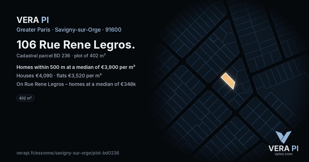 106 Rue Rene Legros, Savigny-sur-Orge at night – the plot lit, the parcels around coloured by the prices near them