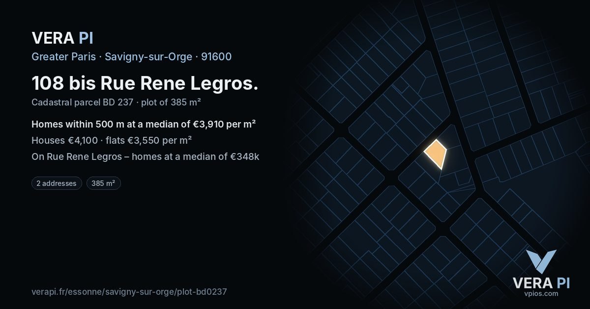 108 bis Rue Rene Legros, Savigny-sur-Orge at night – the plot lit, the parcels around coloured by the prices near them