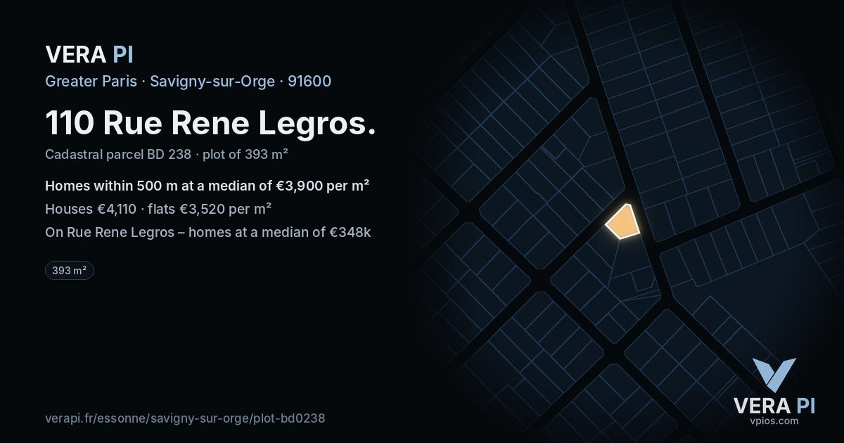 110 Rue Rene Legros, Savigny-sur-Orge at night – the plot lit, the parcels around coloured by the prices near them