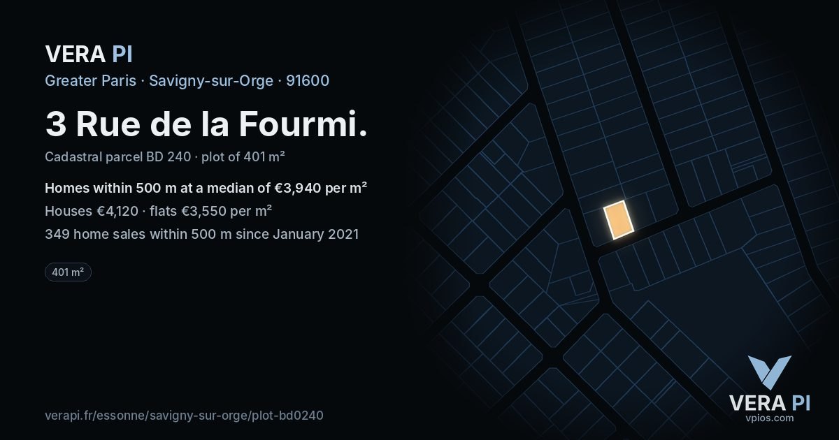 3 Rue de la Fourmi, Savigny-sur-Orge at night – the plot lit, the parcels around coloured by the prices near them