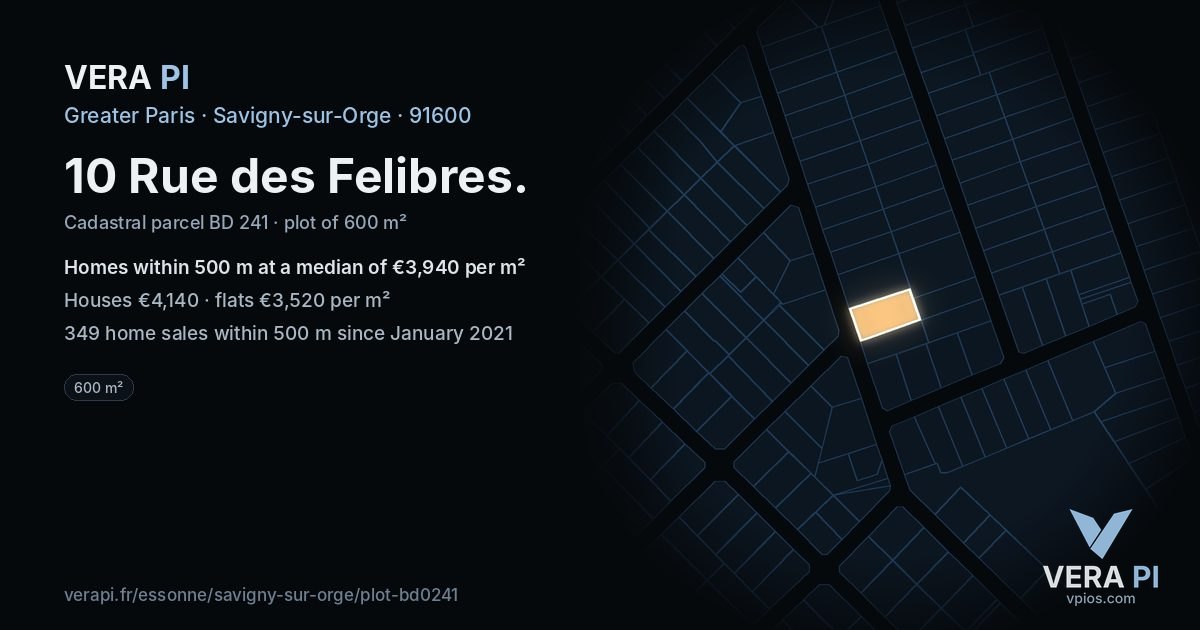 10 Rue des Felibres, Savigny-sur-Orge at night – the plot lit, the parcels around coloured by the prices near them