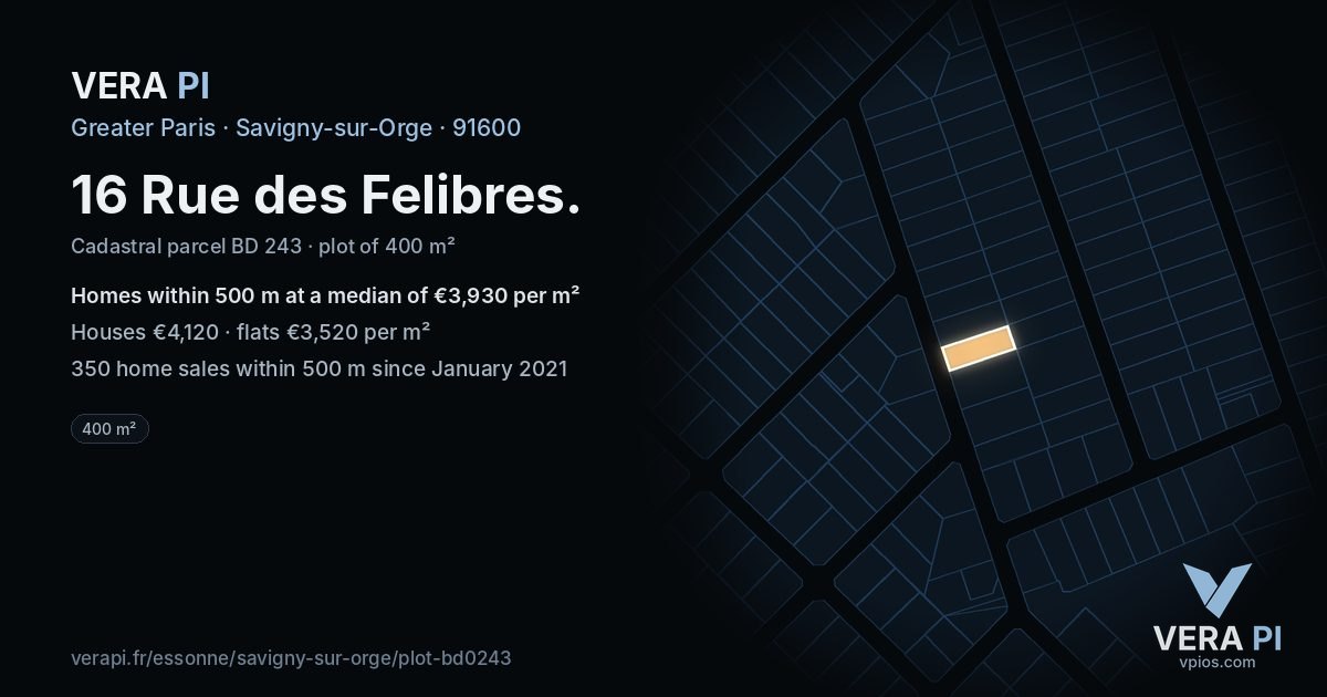 16 Rue des Felibres, Savigny-sur-Orge at night – the plot lit, the parcels around coloured by the prices near them