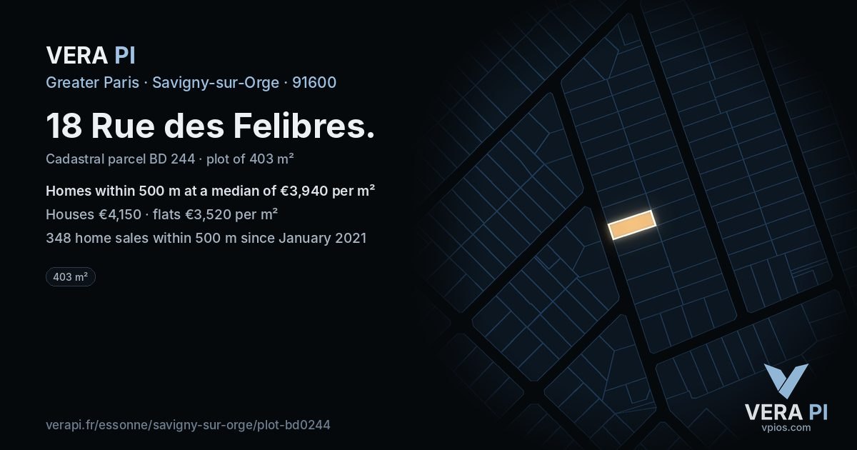 18 Rue des Felibres, Savigny-sur-Orge at night – the plot lit, the parcels around coloured by the prices near them