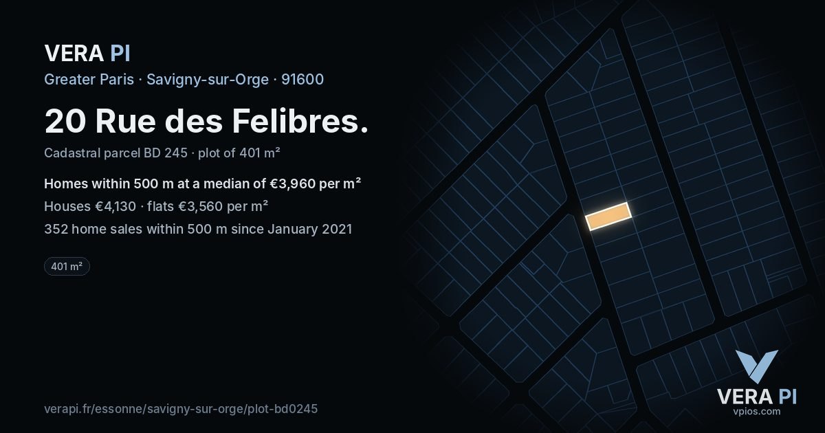 20 Rue des Felibres, Savigny-sur-Orge at night – the plot lit, the parcels around coloured by the prices near them