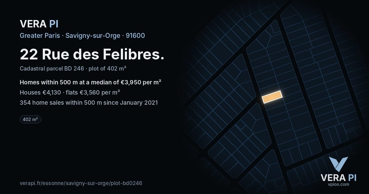 22 Rue des Felibres, Savigny-sur-Orge at night – the plot lit, the parcels around coloured by the prices near them