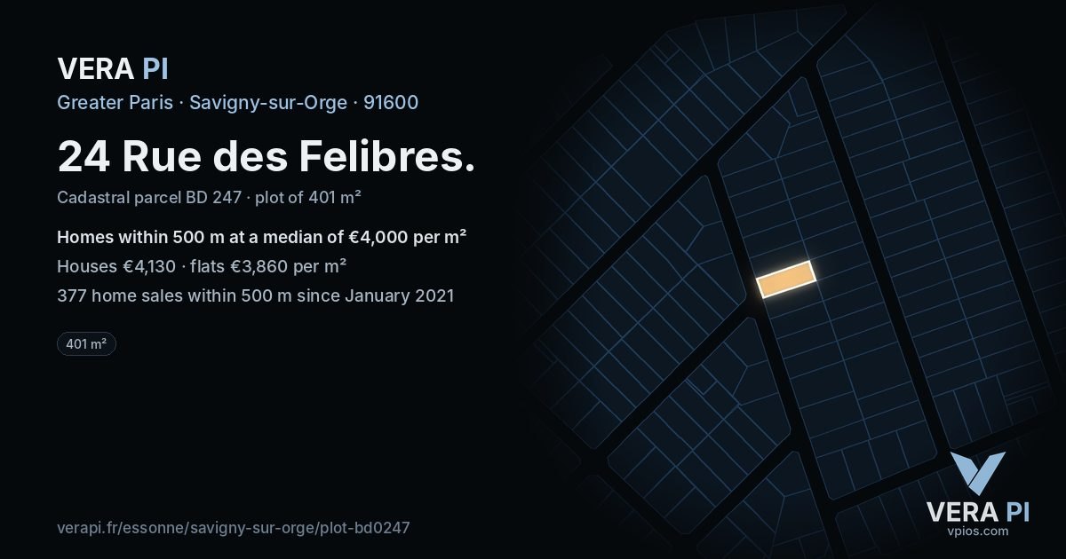 24 Rue des Felibres, Savigny-sur-Orge at night – the plot lit, the parcels around coloured by the prices near them