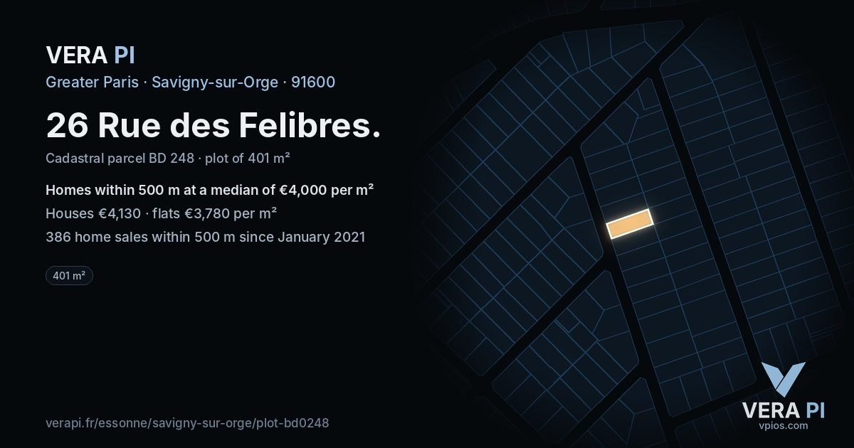 26 Rue des Felibres, Savigny-sur-Orge at night – the plot lit, the parcels around coloured by the prices near them