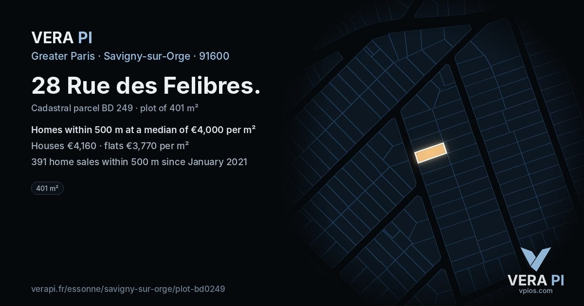 28 Rue des Felibres, Savigny-sur-Orge at night – the plot lit, the parcels around coloured by the prices near them
