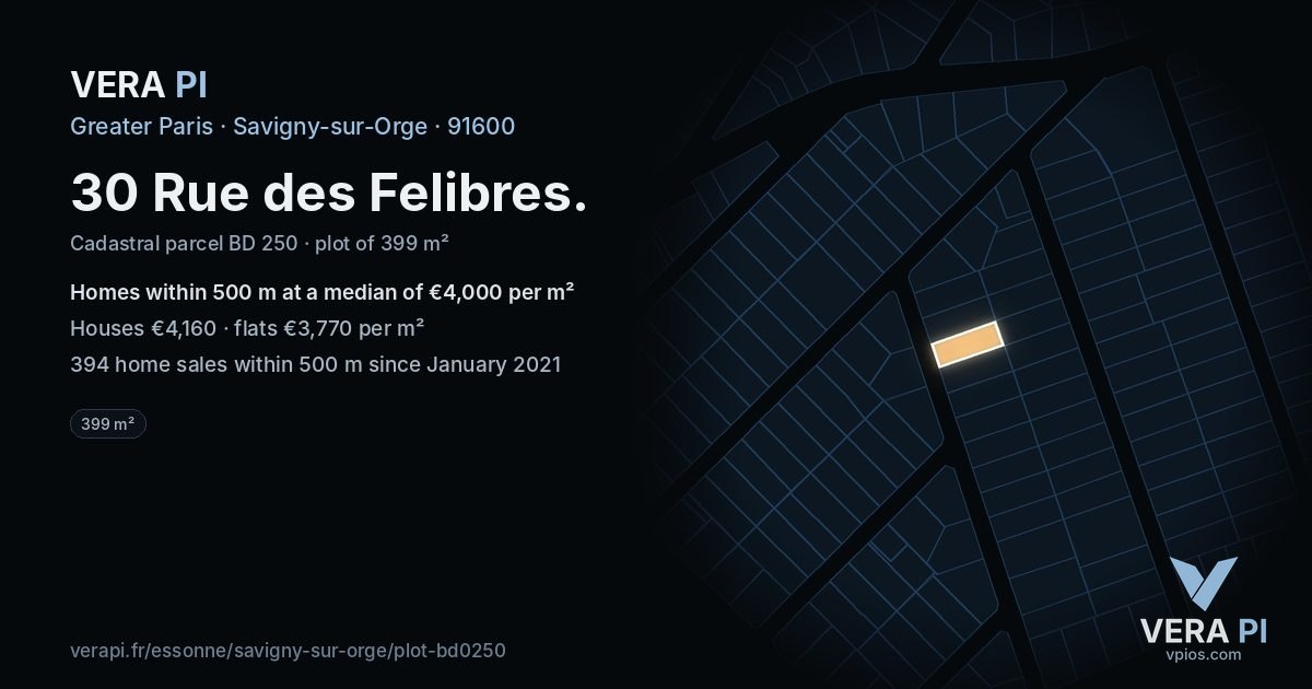 30 Rue des Felibres, Savigny-sur-Orge at night – the plot lit, the parcels around coloured by the prices near them