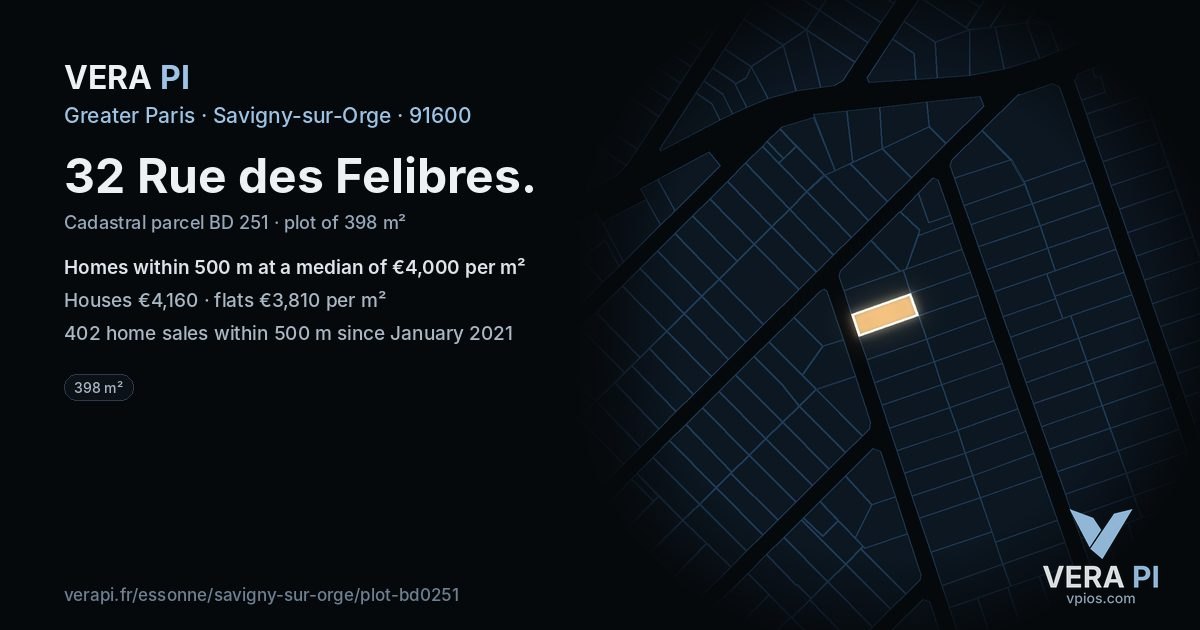 32 Rue des Felibres, Savigny-sur-Orge at night – the plot lit, the parcels around coloured by the prices near them