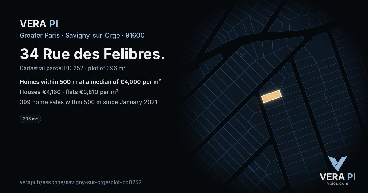 34 Rue des Felibres, Savigny-sur-Orge at night – the plot lit, the parcels around coloured by the prices near them