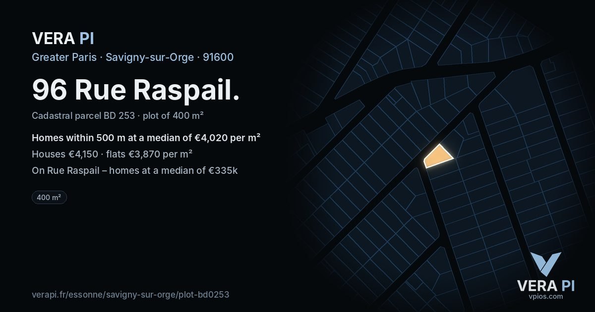 96 Rue Raspail, Savigny-sur-Orge at night – the plot lit, the parcels around coloured by the prices near them