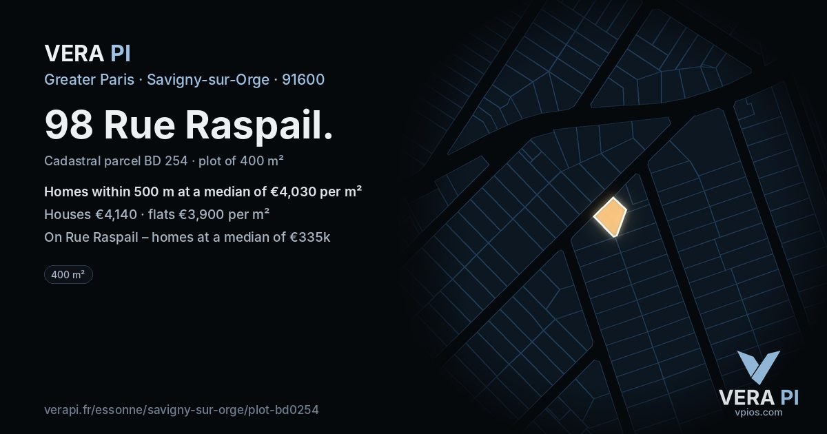 98 Rue Raspail, Savigny-sur-Orge at night – the plot lit, the parcels around coloured by the prices near them