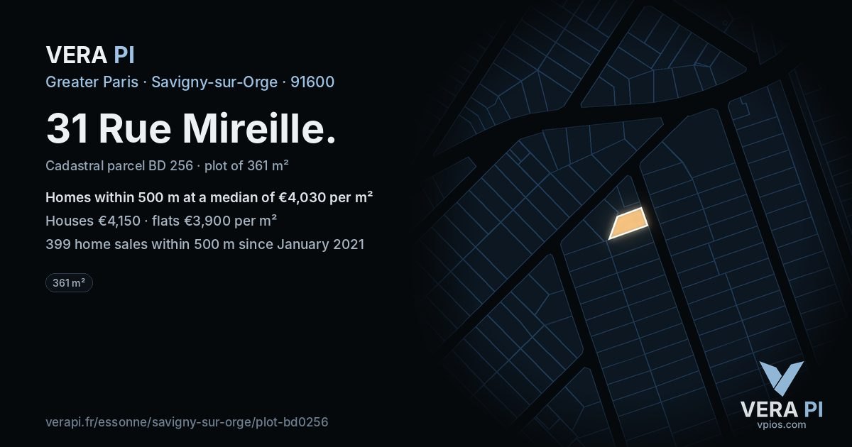 31 Rue Mireille, Savigny-sur-Orge at night – the plot lit, the parcels around coloured by the prices near them